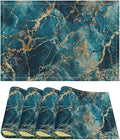 Marble Linen Placemats Set of 4, 12x17 Inch Abstract Modern Foil Stone Texture Blue Gold Marble Table Mats Washable Fabric Place for Party Kitchen Wedding Dining Banquets Decor