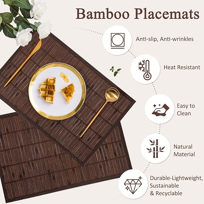 Bamboo Placemats Set of 4 Rectangular Natural Bamboo Table Mats for Dining Kitchen Table Protection Heat Resistant 17.7" W x 11.8" L Dark Brown