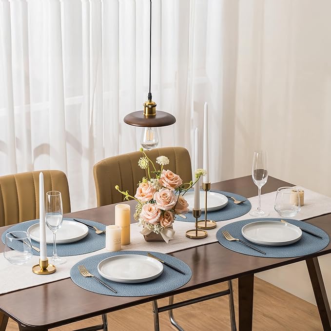 Jovono 15" Faux Leather Big Round Placemats Set of 8 - Washable Heat Resistant Non-Slip Dining Table Mats with Fabric Texture for Kitchen Home Party Decor, Light Blue