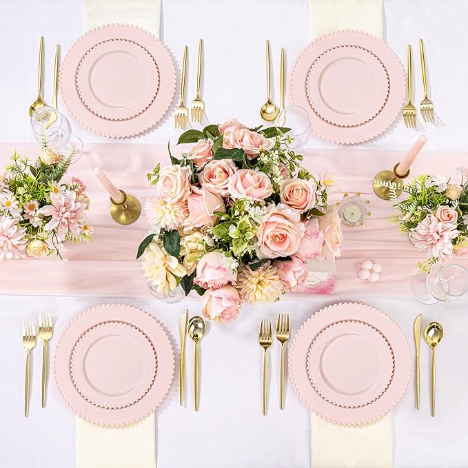 U-QE 60PCS Pink Plastic Plates - Heavy Duty Beaded Pink Valentines Plates for Valentine's Day, Party, Wedding - Serving 30 Guests Include 30PCS 10inch Dinner Plate & 30PCS 7inch Dessert Plate