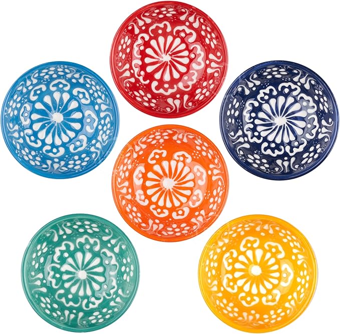 BCS Ceramic Salsa Bowls Set of 6 Small Pinch Bowls for Dipping, Cooking Prep & Charcuterie Board, Soy Sauce Dish, Multicolor Handmade Decorative Mini Serving Dishes Dishwasher Safe (3.2''-3 oz)