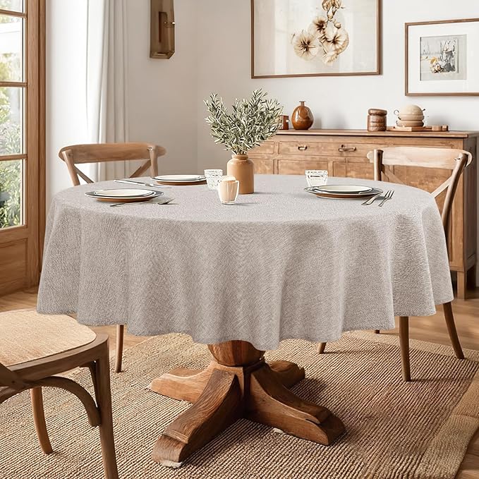 JIUZHEN Faux Linen Round Tablecloths 84 inch, Decorative Wrinkle Free Texture Rustic Circle Table Cloth Cover for Kitchen, Dining, Party, Wedding, Outdoor Use (84 Inch Round,Stone)
