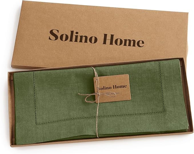 Solino Home Linen Table Runner 60 Inches - 100% Pure Linen Olive Hemstitch Table Runner 14 x 60 Inch Ideal for Dresser and Coffee Tables - Classic Hemstitch - St Patricks Day