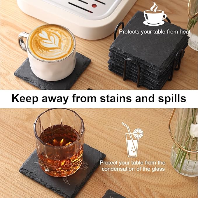 Slate Coasters Set of 6,4-Inch Black Square Stone Drink Coasters with Scratch-Resistant Backing,Durable Tabletop Protection for Home Office Kitchen,Ideal Housewarming Wedding Gifts