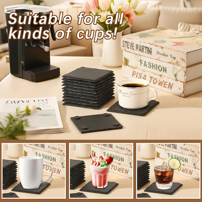12 PCS Slate Coasters Black Square 4 Inch Bulk Rock, Blank Laser Engraving, Scratch Resistant Bottom, Home Office Kitchen Gift Wedding Bar Party Square Coasters