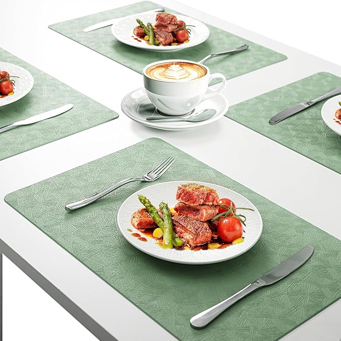 Vinyl Placemats Set of 8 Faux Leather 100% Waterproof Wipeable Washable Place Mats Heat Resistant Easy Clean Non-Slip Table Mats for Indoor Outdoor. (8, Green)