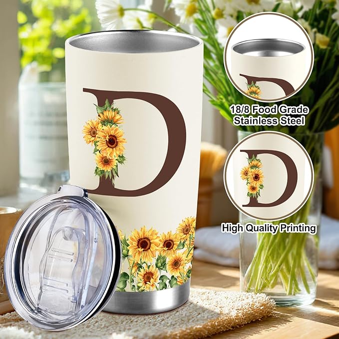 Sunflower Gifts for Women - Personalized Christmas Gifts for Women - Birthday Gift for Woman - Mothers Day Gift for Mom - Monogrammed, Initial 20oz Travel Cup Insulated Tumbler with Lid, D