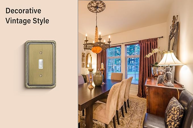 Henne Bery Rope Edge Decorative Wall Plate Switch Plate Outlet Cover (Single Toggle, 3 Pack, Antique Brass)