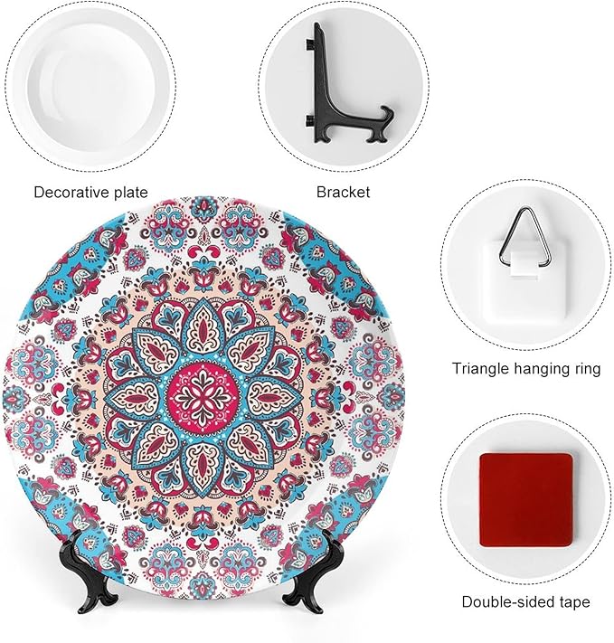XISUNYA 7 Inch Decorative Plate, Boho Tableware Plate, Henna Style Floral Circles Paisley Retro Kaleidoscope Print Ceramic Wall Hanging for Home Office Party Dinner Table Decor