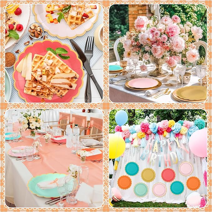 48 Pcs Colorful Coral Paper Plates 9 Inch Pastel Rainbow Scalloped Paper Plates Disposable Dinner Dessert for Birthday Wedding Bridal Party Supplies, 6 Colors