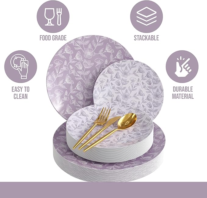 Trendables Fancy Plastic Dinnerware Sets 100 Pc 20 Guests Gold Silverware Disposable 20 X 10 Inch Charger Plates 20 X 8 Inch Dessert Plates 20 x Gold Plastic Forks and Spoons Knives In Blossom Circle