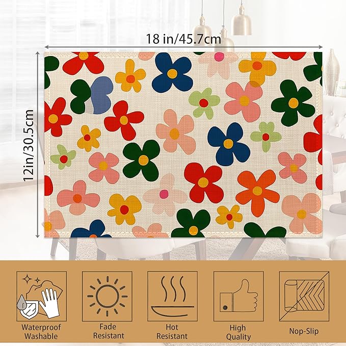 6 Pcs Placemats,Vintage Groovy Flowers Placemat,Colorful Table Mats Washable Recyclable Table Placemats for Indoor Outdoor Heat Resistant Kitchen Dining 12"x18"