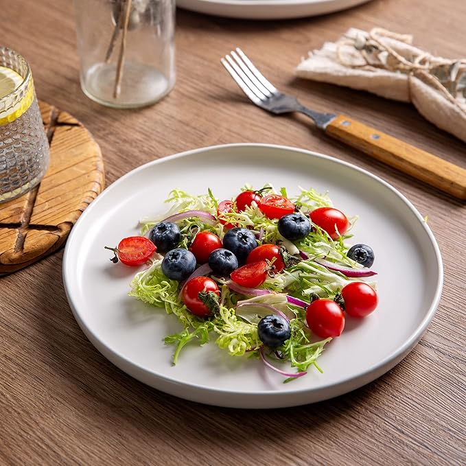 AmorArc Ceramic Dinner Salad Plates Set of 6, Wavy Rim 8.5 Inch Dish Set, The Dessert,Salad, Appetizer, Small Dinner etc Plate,Microwave, Dishwasher Safe, Scratch Resistant - Matte White