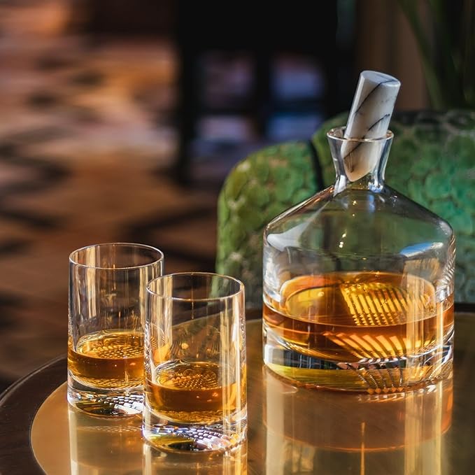 NUDE Whiskey Glasses Set of 2 DOF – 13.25 oz Lead-Free Crystal Old Fashioned Rocks Glasses for Whisky, Scotch & Bourbon – Alba by Joe Doucet, Hand-Engraved Tartan, Heavy Base