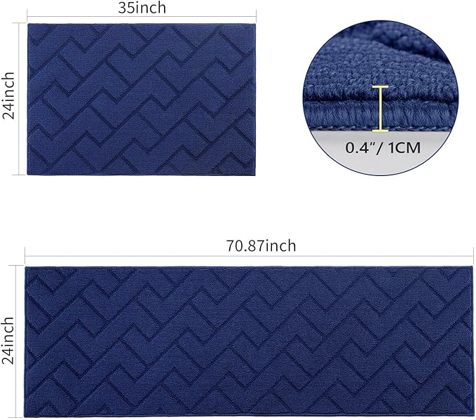 hicorfe Kitchen Rugs and Mats Sets,2 Pieces Super Absorbent Polypropylene Non-Slip Rug,Soft Comfort Floor Mat,Washable for Kitchen,Hallway,Office,Sink,Laundry(24" x 35"+24" x 71",Navy Blue)
