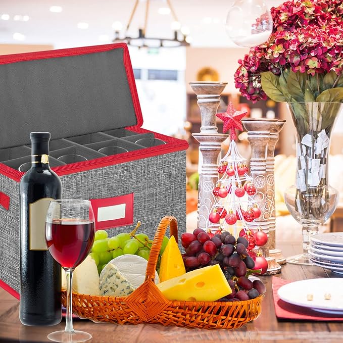 VERONLY Wine Glass Storage Box with Dividers, Stemware Storage Case Hard Shell Stackable for Up to 12 Glasses, Crystal Glassware Containers for Holidays (Grey and Red)