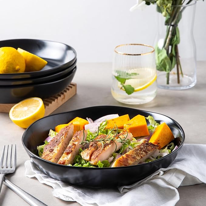 AmorArc 9.75'' Ceramic Large Pasta Bowls, 38oz Stoneware Flat Serving Bowls Set of 4, Oven,Microwave&Dishwasher Safe Bowls with Wavy Rim for Fruit Pasta Salad Meal, Matte Black