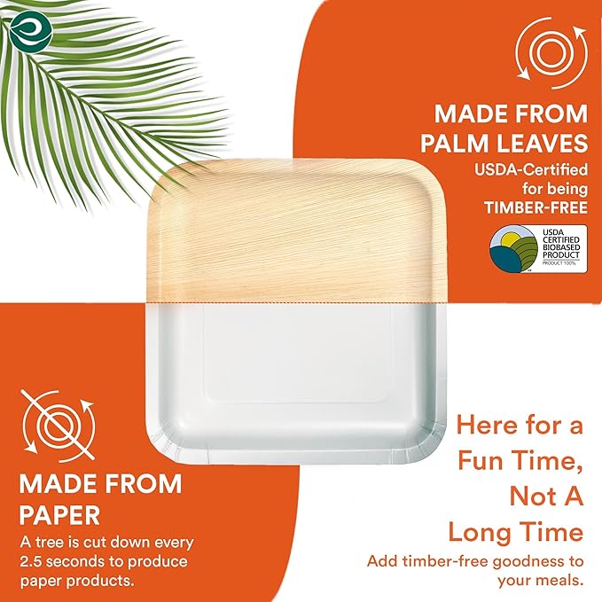 ECO SOUL Palm Leaf Square Plates 7" & 10" (50 Count) Compostable|Biodegradable| Eco-Friendly Disposable Party Plates for Appetizers - Dinner Parties, Wedding, Events & Camping Essentials