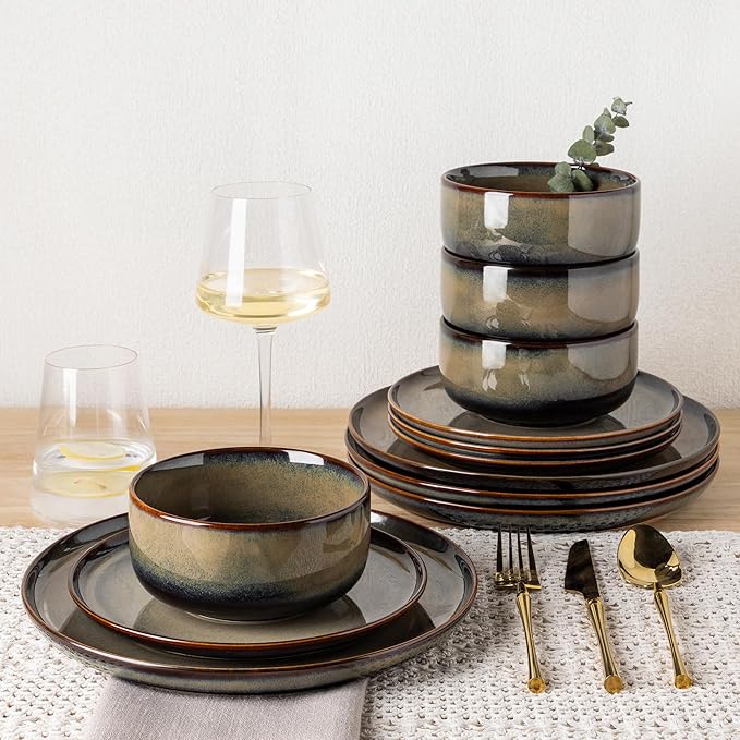 TheTerra Ceramic Dinnerware Sets for 8, 24 Pieces Handmade Reactive Glaze Plates and Bowls Set, Scratch Resistant Dish Set, Oven & Microwave & Dishwasher Safe, Coca Mocha