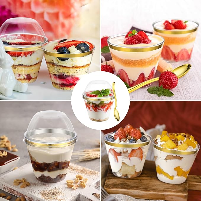 Jinei 50 Sets 9 oz Plastic Dessert Cups with Dome Lids Spoons Gold Rimmed Clear Disposable Plastic Fruit Cups with Lids for Yogurt Parfait Pudding Cupcake Ice Cream Party Wedding Reception