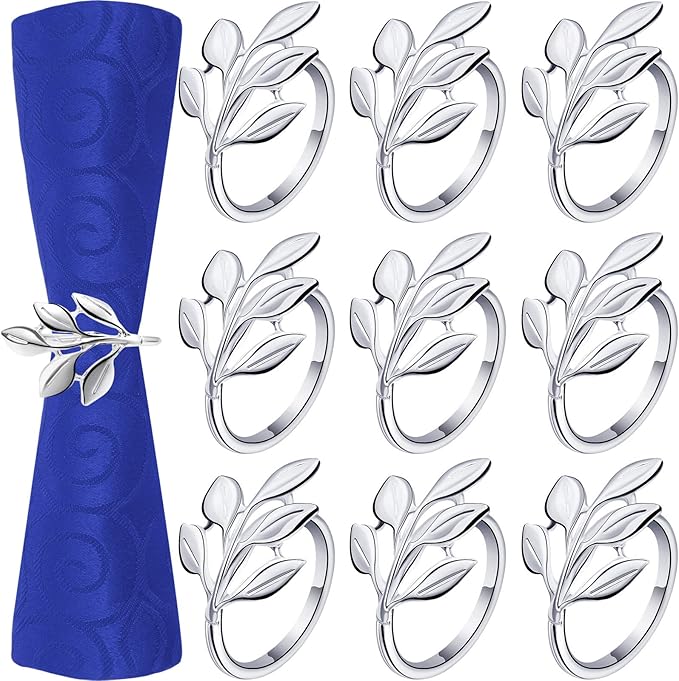 Hotop 36 Pcs Leaf Napkin Rings Set Silver Metal Napkins Rings Holders Bulk Glossy Table Adornment for Vintage Wedding Bridal Thanksgiving Christmas Holidays Fall Dinner Party Decoration Favors