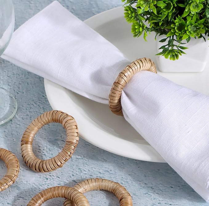 CLEENTABLE Woven Napkin Rings Set of 12 - Handmade Rattan Napkin Holders for Farmhouse Table Décor, Rustic Holiday Dining, Wedding, Thanksgiving, Christmas & Everyday Use (Natural)