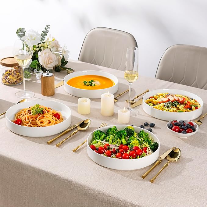 LERATIO Pasta Bowls Set of 4,30 Oz Ceramic Large Salad Bowls,Stackable,Wide Modern Porcelain Bowls for Pasta,Salad,Fruit,Bread,Microwave & Oven & Dishwasher Safe Shallow- White