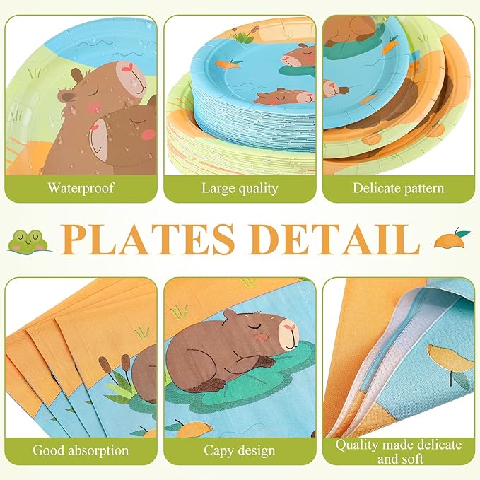 Pickmesh 250 Pcs Capybara Birthday Party Supplies Tableware Set Capybara Disposable Paper Plates Napkins and Cups for Birthday Baby Shower Animal Theme Party Decorations