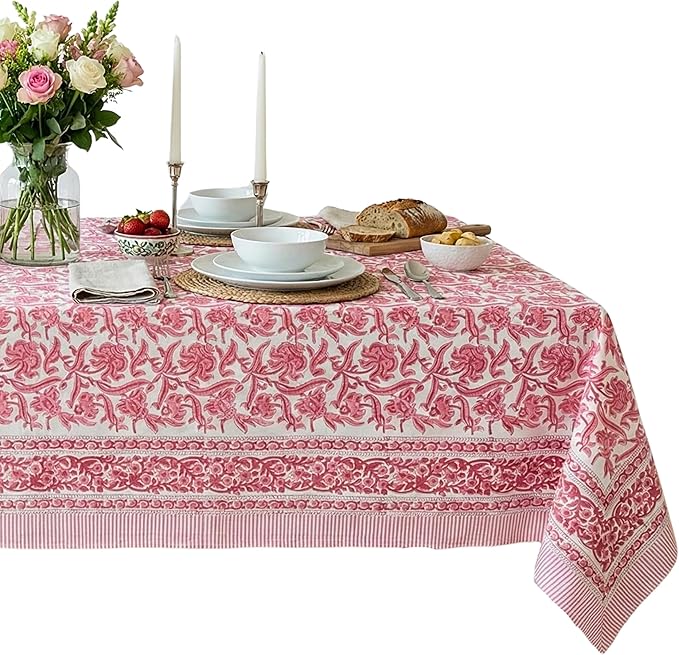 ATOSII Red Bloom 100% Cotton Tablecloth, Handblock Print Rectangle Table Cover for Kitchen Dining I Tabletop Linen I Parties, Wedding, Spring Summer Table Cloth 60 X 90 Inches