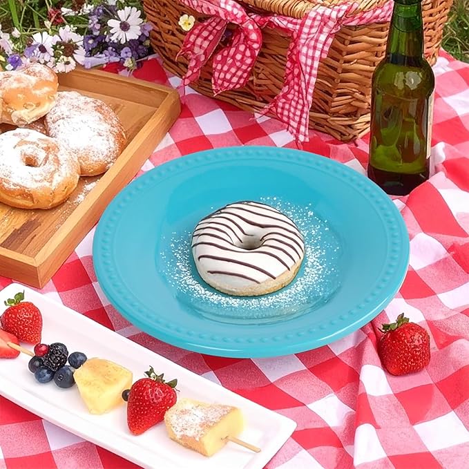 Melamine Beaded Appetizer/Salad/Dessert/Side Plates, Aqua, Set of 6, 8.5 inch, Platter, Serving Dishes, Kid-Friendly, Chip and Break-Resistant, Durable, for Indoor and Outdoor, Dishwasher Safe