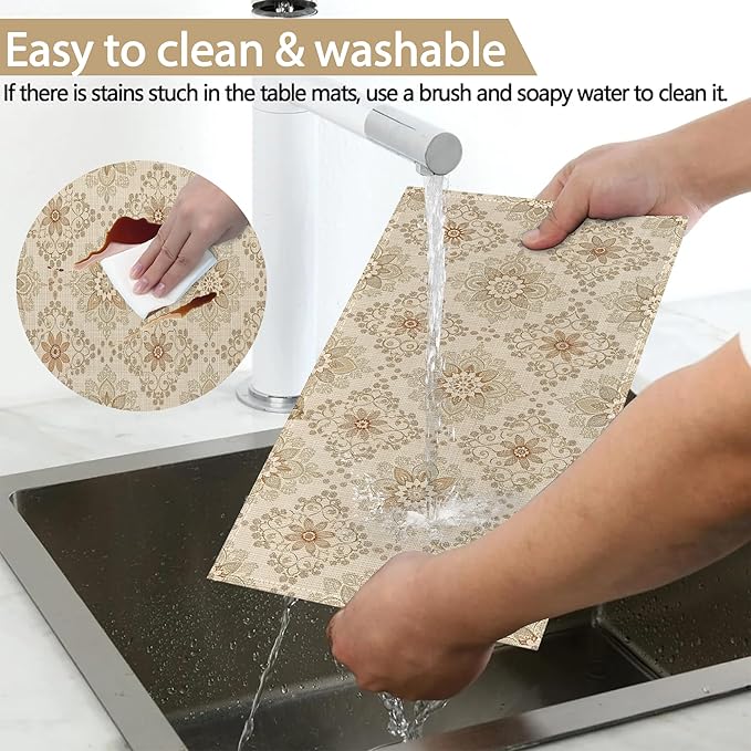 Elegant Beige and Brown Floral Pattern 12x18 Inch Placemats Set of 6 - Waterproof, Non-Slip & Washable Table Mats for Kitchen & Dining Table Placemats