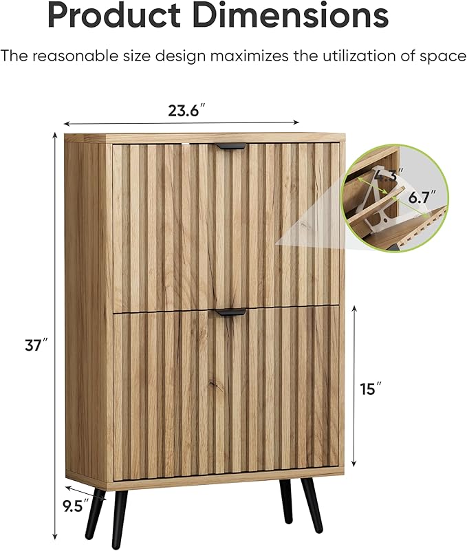 Shoe Storage Cabinet, Fluted Shoe Cabinet Storage for Entryway, Hidden Shoe Cabinet with Metal Legs,Shoe Organizer Cabinet with Flip Doors, Slim Entryway Shoe Storage Cabinet,Natural Wood-23.5in