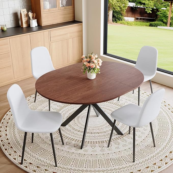 Round Dining Table Set for 4｜42"-54" Extendable Dining Room Table Set｜Wooden Kitchen Table with 4 Chairs｜Mid Century Modern Dinner Table Set with Cross Legs｜Easy Assembly｜Space Saving