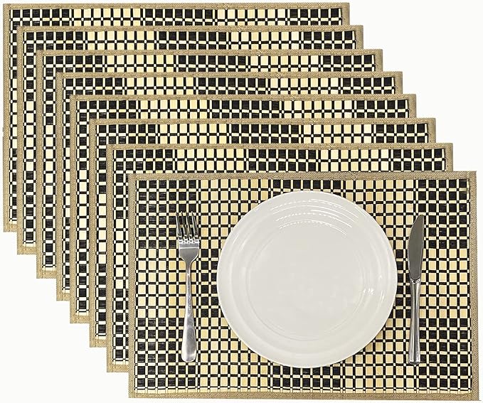 ANDSTAR Set of 8 Pcs Bamboo Placemats Rectangle Table Placemats Natural Anti-Slip Washable Heat-Resistant Table Mats for Dining Room and Kitchen(Plaid Natural Color)