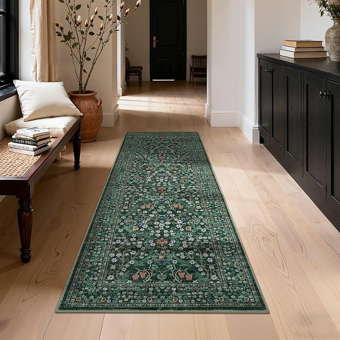 GarveeHome Washable Kitchen Runner Rug, Floral 2x6 Rug for Hallway Non Slip Stain Resistant, Ultra-Thin Boho Soft Hallway Rug Botanical Carpet for Entryway, Laundry Room, Bathroom Dark Green