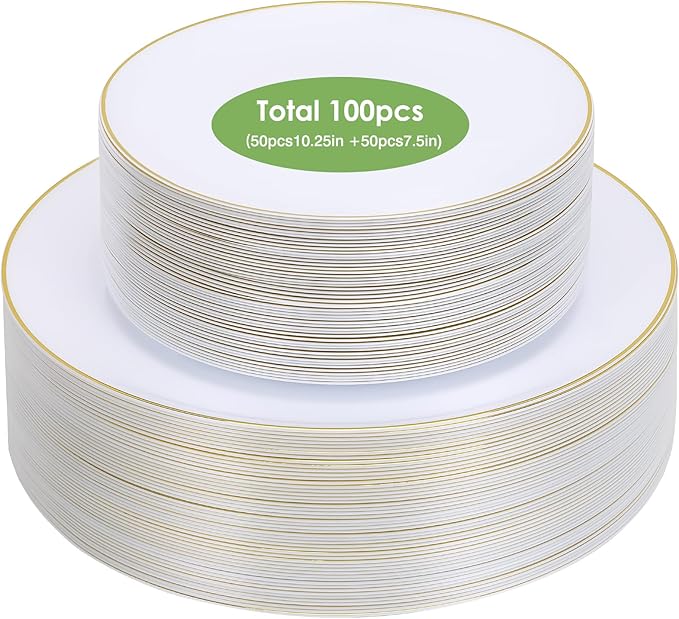 Moretoes 100PCS White Gold Plastic Plates Disposable,Party Plates White with Gold Rim, 10.25inch Dinner Plates and 7.5inch Dessert Salad Plates Heavy Duty Plates for Wedding Party and Birthday