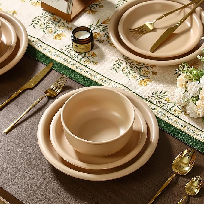 GZG Vintage Series - Ceramic Dinnerware Set for 4, 12 Pieces Stoneware Plates and Bowls Set, Lead-Free, Handcrafted Dishes Set, Microwave & Dishwasher Safe - Warm Apricot