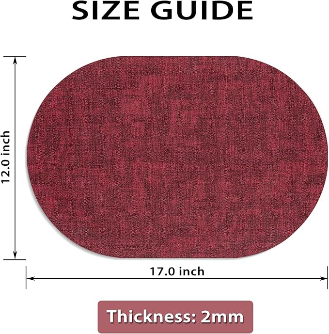 Placemats for Dining Table Set of 8 Non-Slip, Heat Resistant Oval Leather Placemat Double Layer, Waterproof Table Mats Easy to Clean for Kitchen Dining Room Coffee Office Table, Wine Red