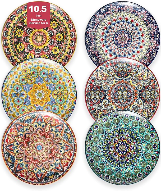 Dinner Plate Set of 6, 10.5-inch Large Plate for Dessert, Pasta, Salad, Ceramic Bohemian Dishes for Kitchen Microwave Dishwasher Safe