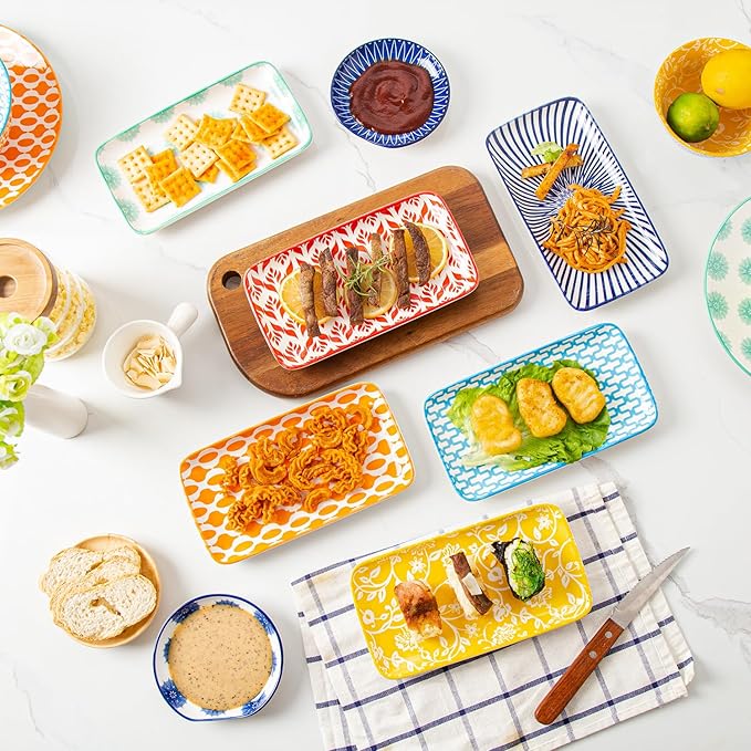 Ceramic Rectangle Salad Plates Set - 8.1" x 4.5" Rectangular Serving Platter - Serving Trays for Sushi Dinner Dessert Pasta Appetizer - Microwave Dishwasher Safe - Set of 6 - Assorted Colors