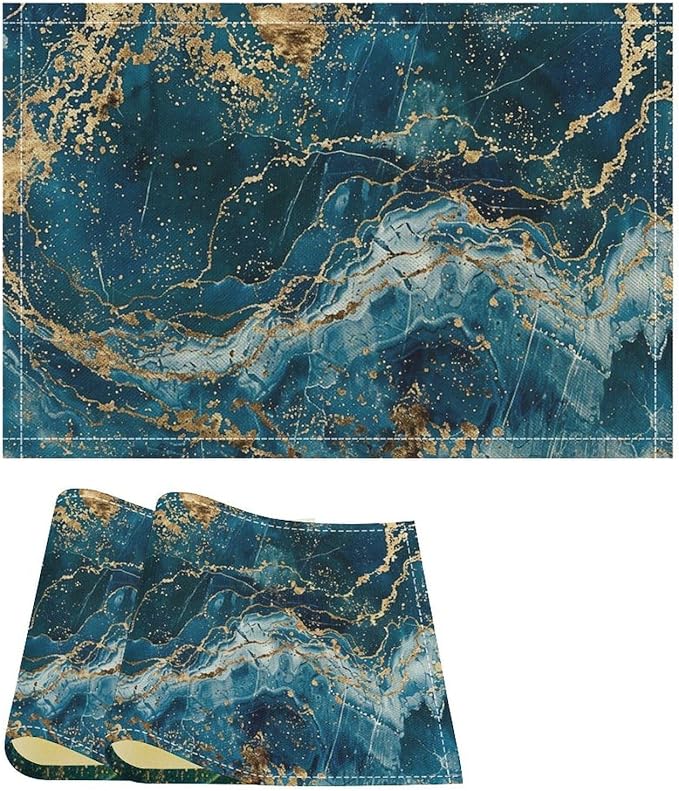 Marble Linen Placemats Set of 2, 12x17 Inch Modern Abstract Foil Stone Texture Royal Blue Gold Marble Table Mats Washable Fabric Place for Party Kitchen Wedding Dining Banquets Decor