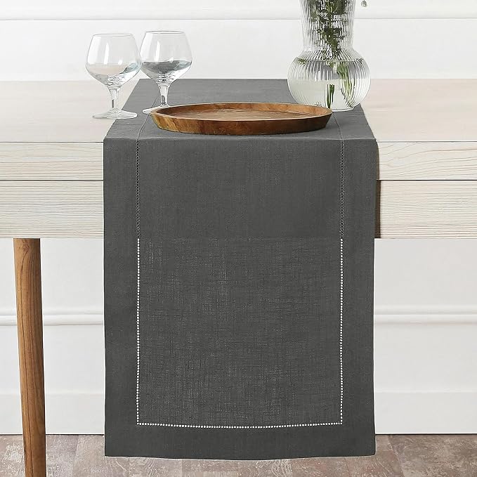 D'Moksha Homes Linen Charcoal Grey Table Runner 48 Inches - Classic Hemstitch, 100% Pure Linen Coffee Table Runner 14 x 48 Inch Ideal for Dresser Tables - Spring, Easter
