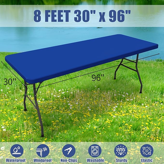 Spandex 8 Foot Rectangle Table Cloth 2 Pack, Elastic Fitted Tablecloths for Picnic, Stretch Washable Patio Table Cover for Outdoor, Camping, Banquet and Parties (Blue, 30"x96")