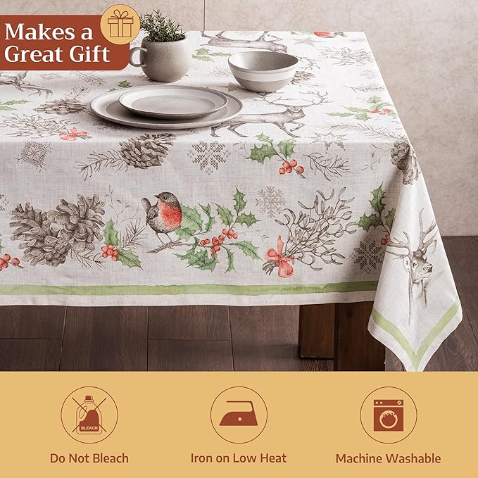 Maison d' Hermine Table Cloth Square Table 100% Cotton 60 x 60 Inches Fall Tablecloth Reusable Everyday Use for Thanksgiving Christmas Decorations Dining Farmhouse Party (Christmas Dew)
