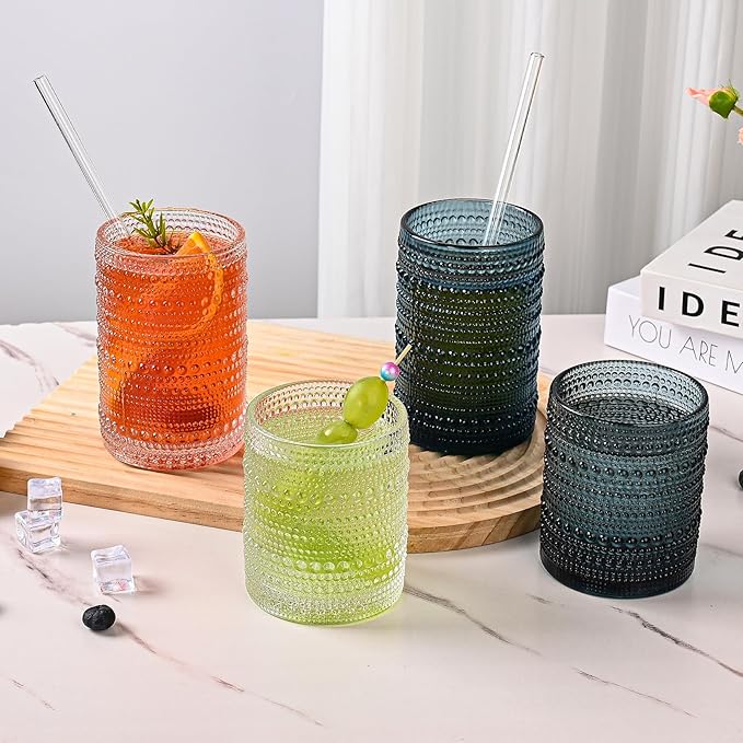 Vintage Hobnail Drinking Glasses Set of 8,Blue 12 oz & 15oz Highball Glass Cups,Kitchen Drinkware Glassware,Embossed Water Tumbler,for Beer,Cocktail,Whiskey,Juice and Various Mixed Drinks