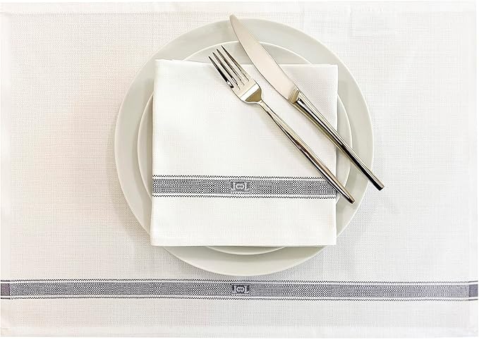 Premium Cloth Striped Placemats Set of 4 – 100% Soft Durable Jacquard Woven Cotton Table Placemats with Stain-Release Fabric – Machine Washable for Dining Table – Grey, 20"x14"