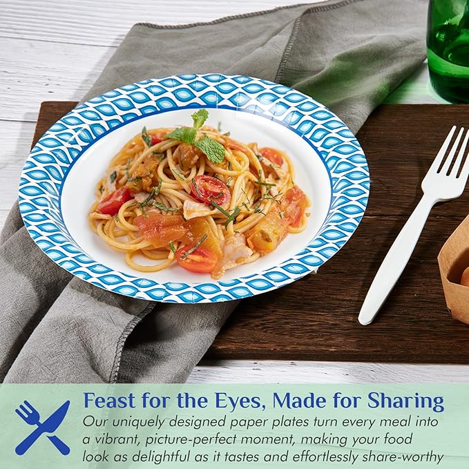 MUCHII Paper Plates 10 Inch, 150 Count Soak and Cut Proof, Blue Large Disposable Plates Bulk for Daily Use, Parties