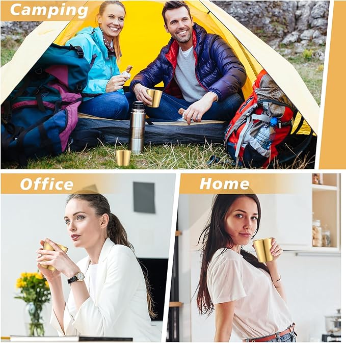 Amyhill 12 Pieces Stainless Steel Cups Double Wall Tumbler Glasses Stackable Metal Drinking Cups Insulated Drinking Glasses Reusable Camping Mugs for Home Camping RV BBQ Office Party(Gold,5.9 oz)