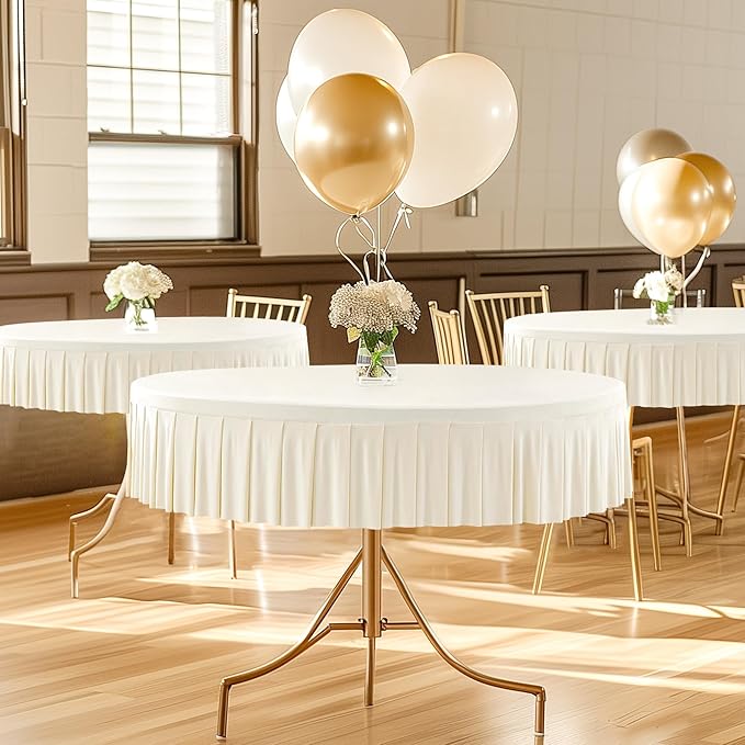 4 Pack Ivory Spandex Round Tablecloths for 60 inch Table, Stretchy Fitted 5FT Table Cloths with Skirt, Wrinkle Free for Wedding Party Dining Banquet