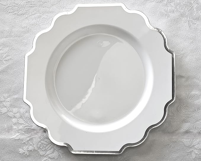 " OCCASIONS " 50 Plates Pack (25 Guests)-Heavyweight Wedding Party Disposable Plastic Plate Set -(25x10.5'' Dinner + 25x8'' Salad/Dessert) (Imperial in White & Silver Rim)